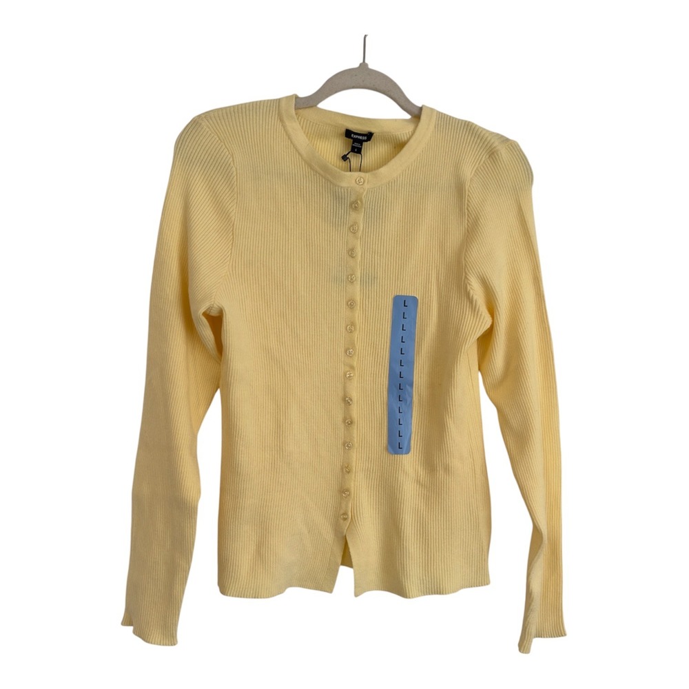 Express Womens Ribbed Button Front Cardigan Sweater Yellow EX011675 Size L NEW